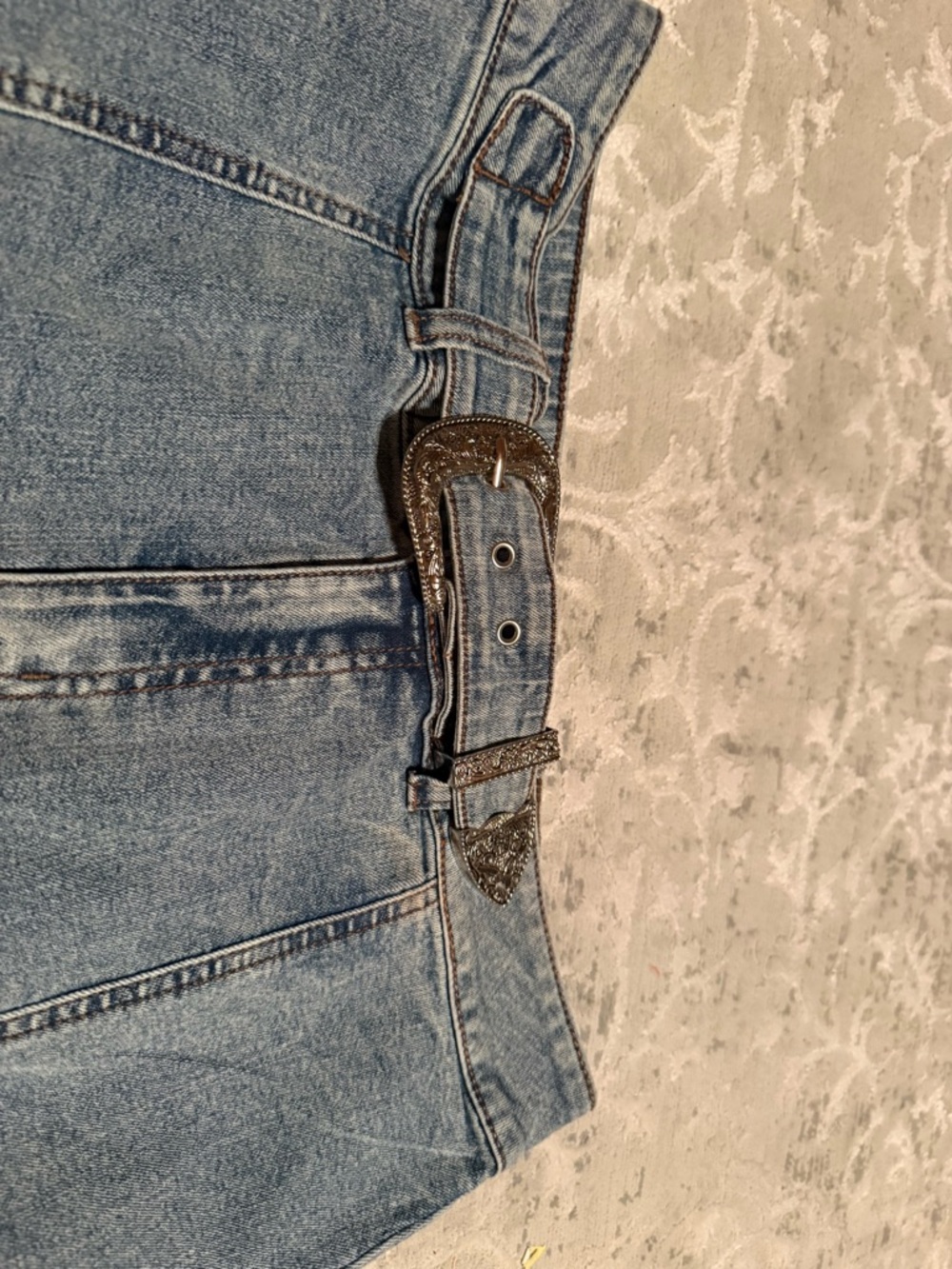 High-Rise Blue Denim Midi Skirt with Belt - Picture 2 of 9